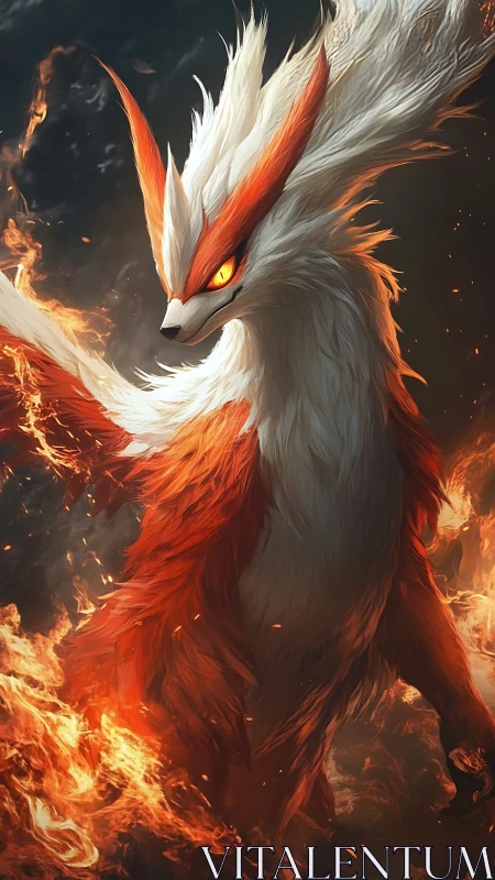 Fiery fox guardian dancing proudly in swirling warm flames.