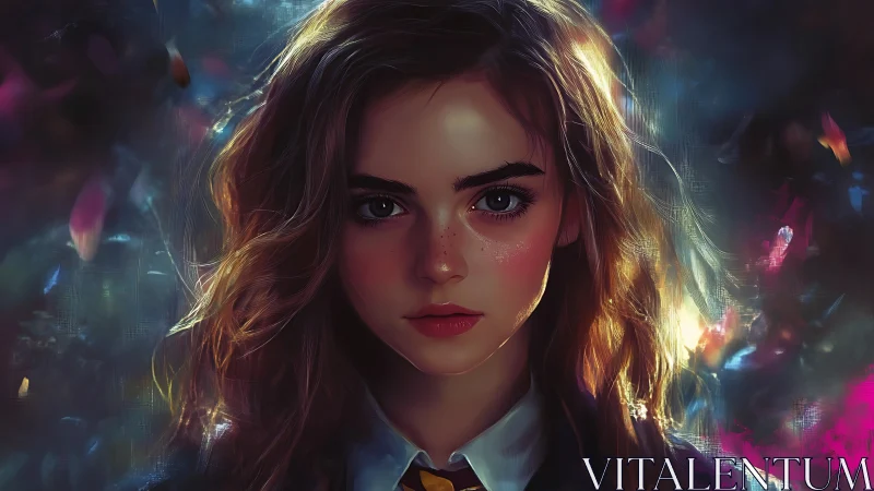 Cinematic digital portrait of freckled girl in luminous bokeh