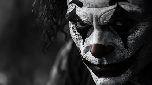 Brooding clown portrait radiates dark psychological tension