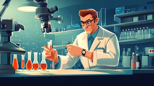 Scientist conducts precise chemical tests in neon lab