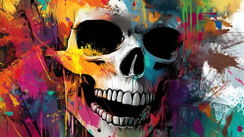 Chromatic skull portrait with dynamic splatter gradients and drips.