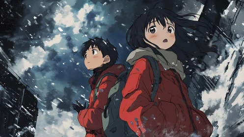 Two bundled children face a stormy winter sky in wonder