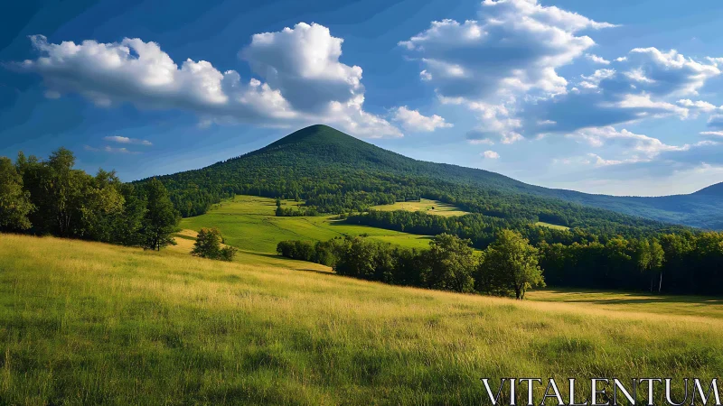 Photorealistic pastoral hillside under sculpted cumulus sky.