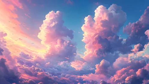 Sunlit cotton clouds drifting through a dreamy pastel sky.