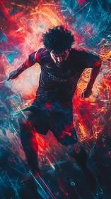 Male football player sprints forward amid dynamic neon streaks