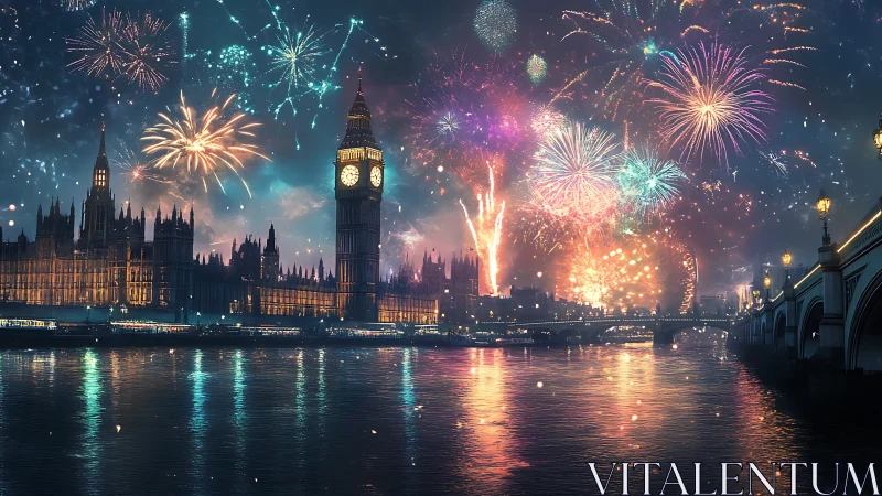 London riverside skyline glows under dazzling fireworks display.