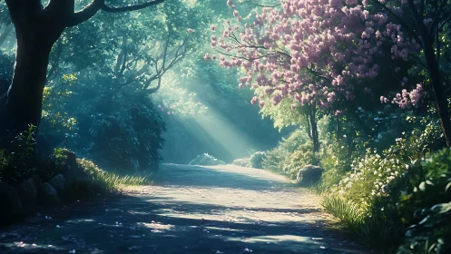 Forest pathway with blooming tree canopy and directional light rays