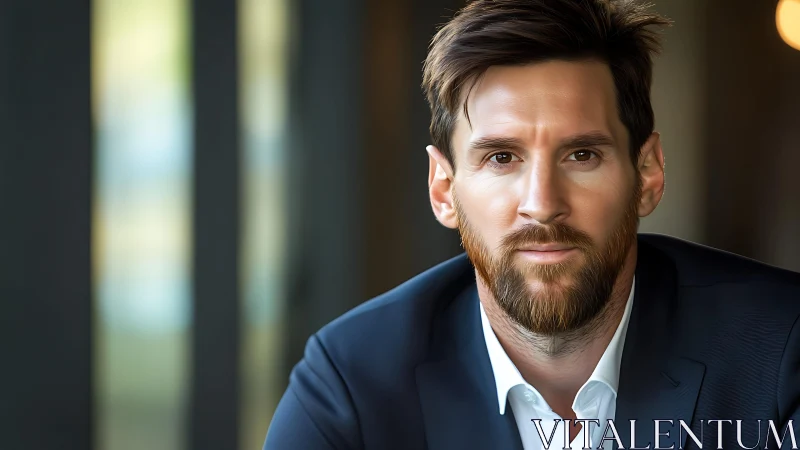 Bearded man in navy suit posed indoors, direct gaze.