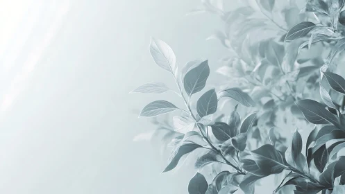 Soft Focus Botanical Leaves on Light Blue Minimalist Background.