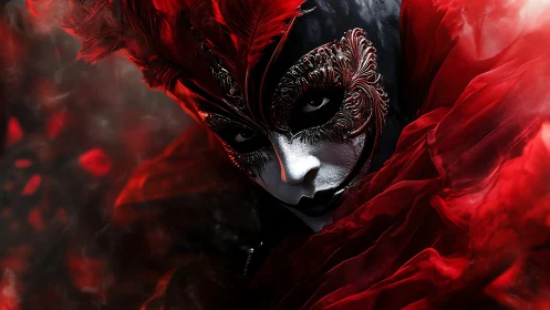 Masked figure emerges from crimson feathers and swirling silk.