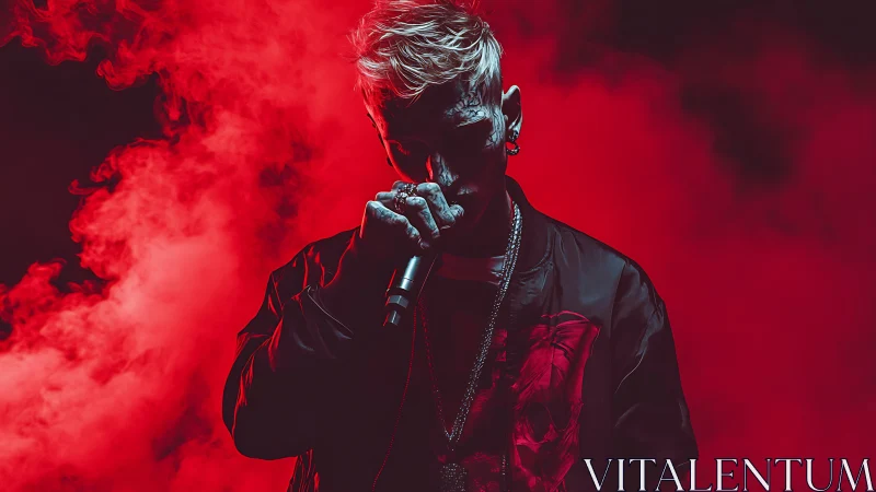 Backlit vocalist in red atmospheric haze with high contrast lighting