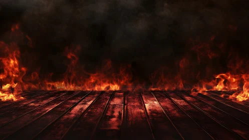 Inferno Perspective: Wooden Platform Engulfed in Apocalyptic Flames.
