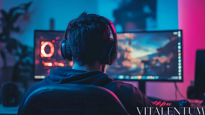 Neon-lit gamer drifts through twin-screen cyber twilight.