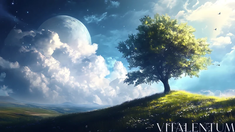 Lone hilltop tree under cosmic sky and luminous clouds.