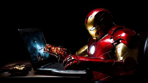 Armored humanoid at laptop with emerging digital structure.