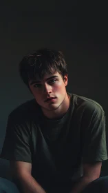 Softly lit portrait of quiet introspection in deep shadow.