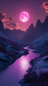 Pink full moon over violet river in rocky valley.