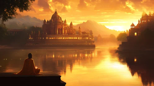Sunlit temple dreams reflected in a monk’s silent river.