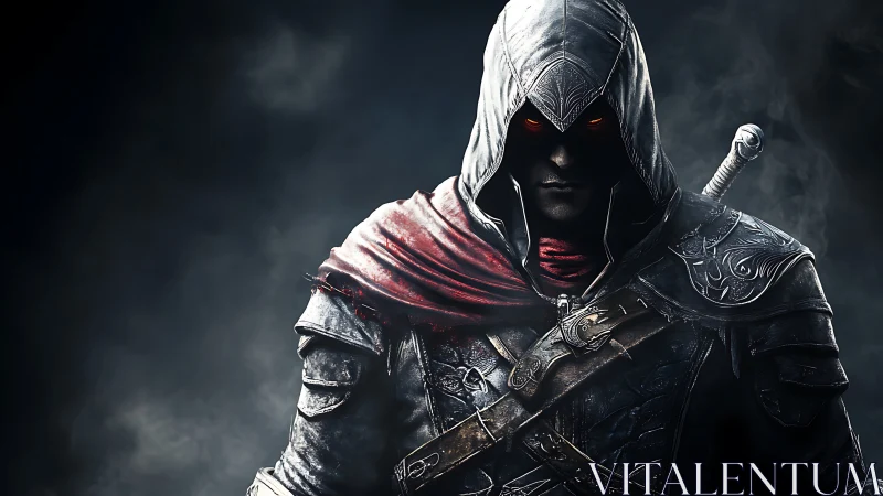 Hooded assassin in ornate armor emerges from smoky darkness