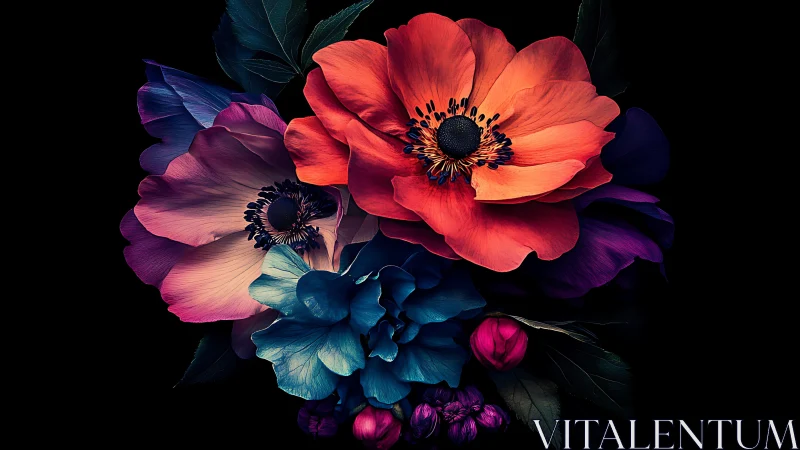 Luminous Anemones Against Black: Neon Floral Composition.