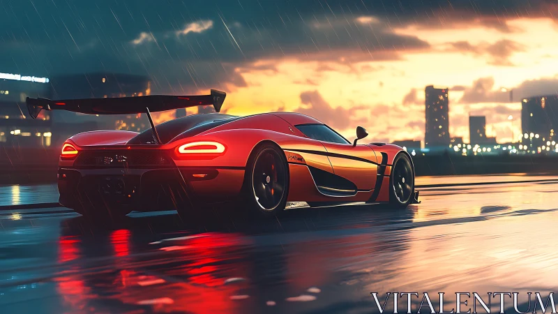 Red supercar slices through a rainy neon city sunset