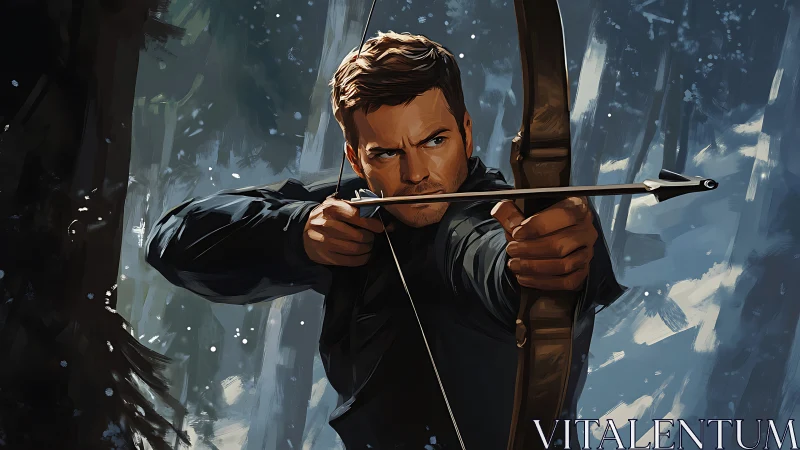 Focused archer draws his bow in a tense winter forest