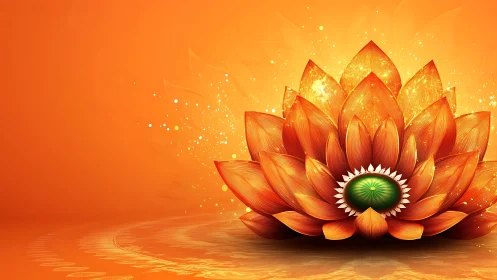 Radiant digital lotus flower on bright orange background.