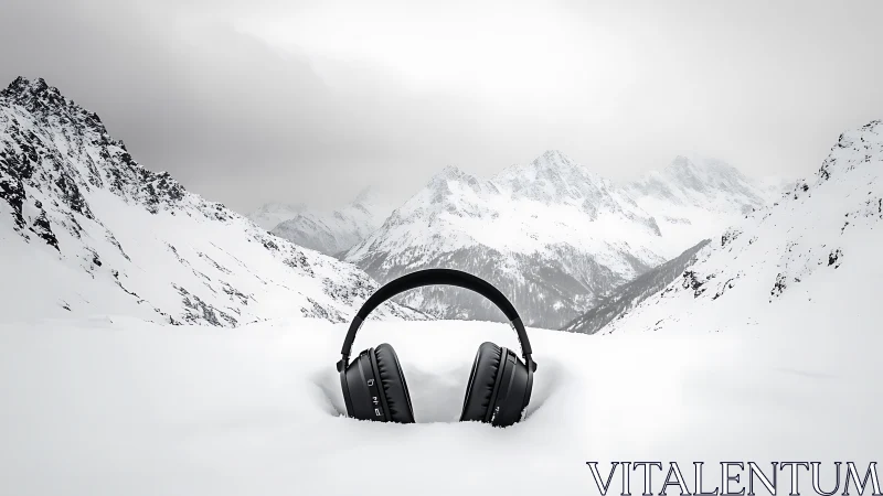 Black wireless headphones placed in snowy alpine valley.