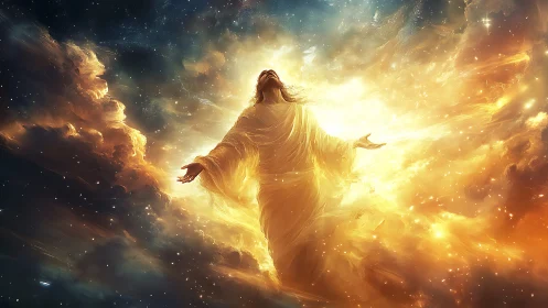 Luminous robed figure ascending through stellar nebulae and light