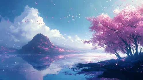 Pink blossom trees border tranquil reflective lakeside