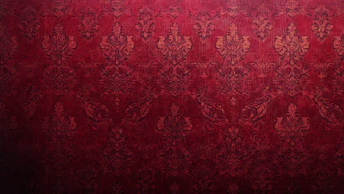 Crimson damask wallpaper backdrop with ornate baroque motifs.