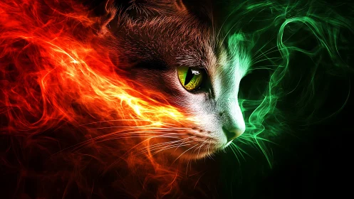 Digitally Rendered Feline Portrait with Chromatic Energy Field Manipulation and Luminous Aura Effect