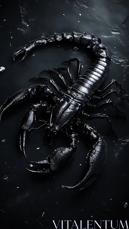 Glossy black scorpion on dark reflective wet surface.