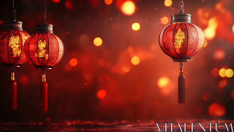 Red Chinese lanterns glowing against vibrant bokeh field.