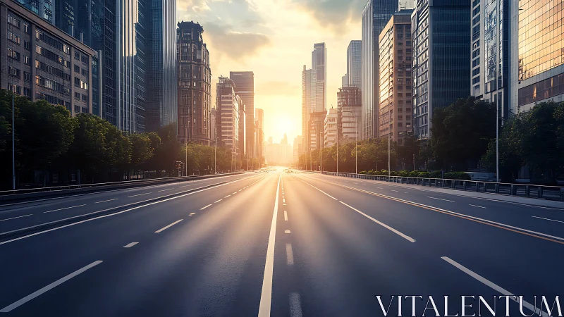 Empty multi-lane city avenue at sunrise between towers.