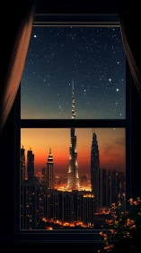 City skyline and star field are framed by a window view
