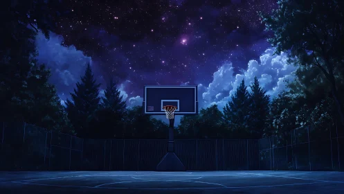 Midnight pickup court resting quietly beneath bright stars.