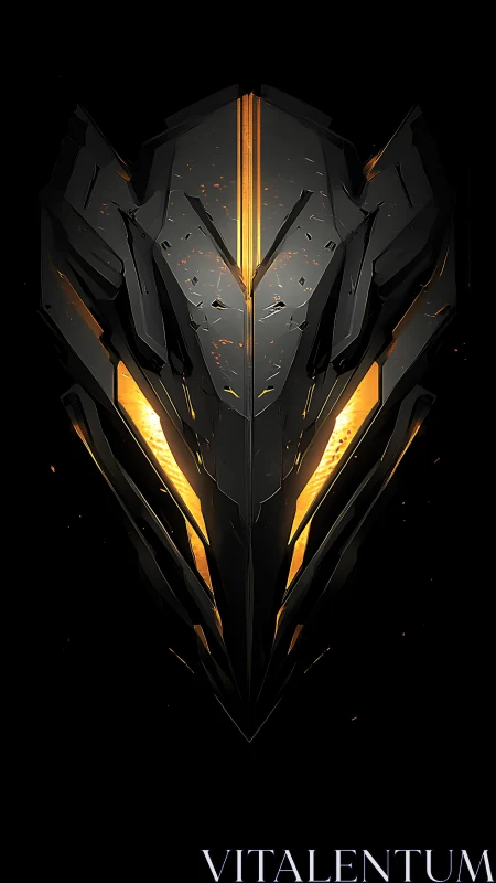 Cybernetic obsidian mask with molten amber core glow.