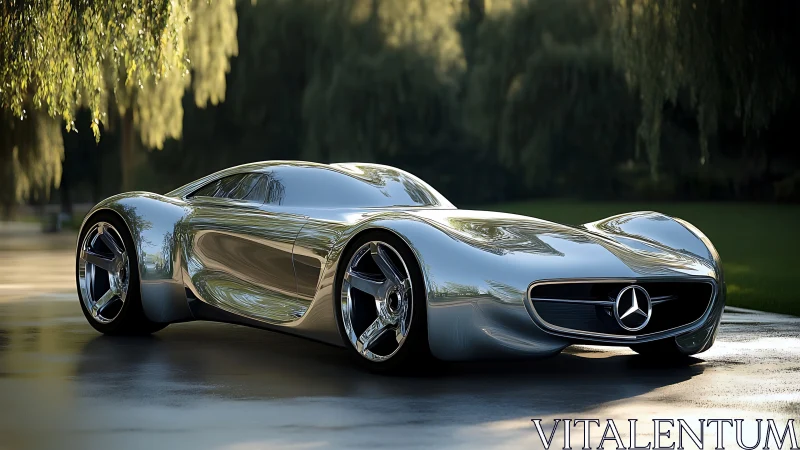 Silver comet coupe glides through sunlit garden asphalt.