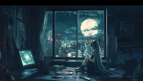 Girl in dark room watching moonlit cyberpunk cityscape.