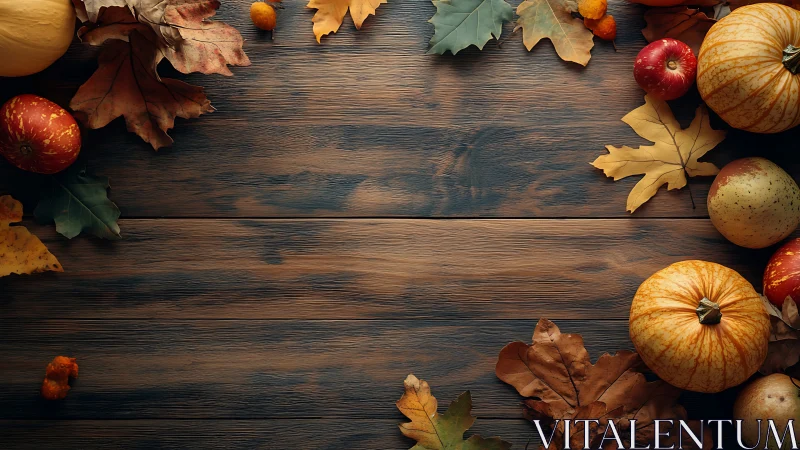Autumn gourds frame rustic wooden table with warm bokeh light