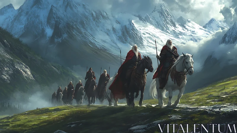 Mounted warriors ride through misty alpine pass at dawn.