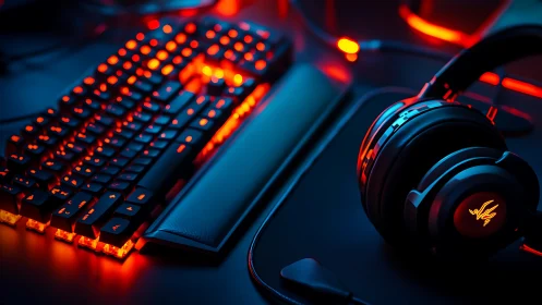 RGB gaming keyboard and headset under neon red light.