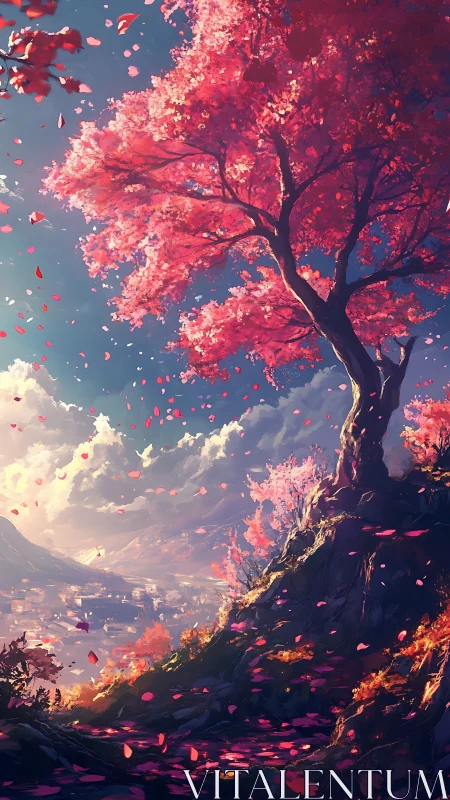 Crimson blossom tree above a luminous valley at dusk.