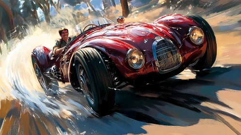 Vintage race roadster powers through loose dirt with dynamic brushwork