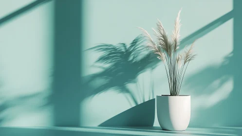 Minimalist pampas grass in sunlight casts soft shadows.