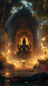 Ornate temple shrine with seated deity amid foliage at dusk.