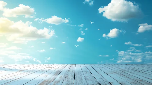 Wide plank deck meets low horizon under cumulus cloud sky