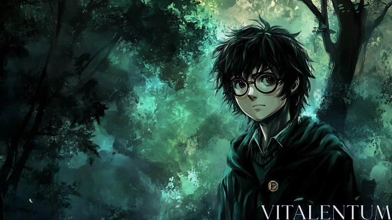 Moody forest scholar with round glasses in emerald gloom.