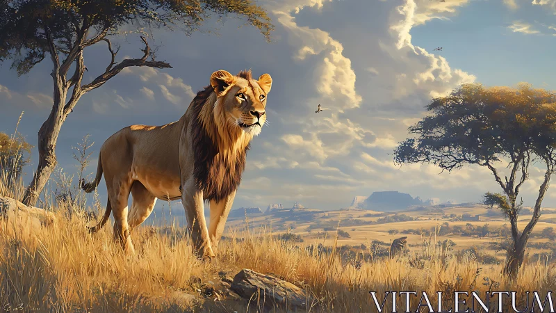 Sunlit Savannah Monarch Pauses Beneath Thunderhead Skies.